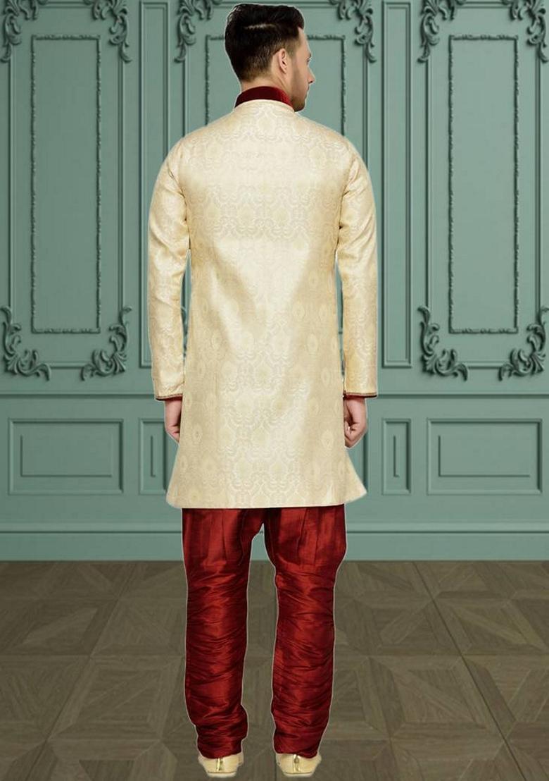 Fawn Orange Embroidered Brocade Silk Indo Western Sherwani Set For Men