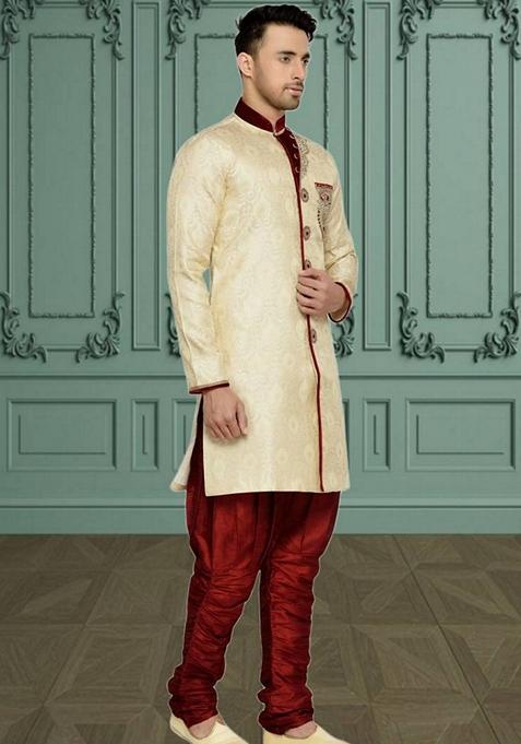 Fawn Orange Embroidered Brocade Silk Indo Western Sherwani Set For Men