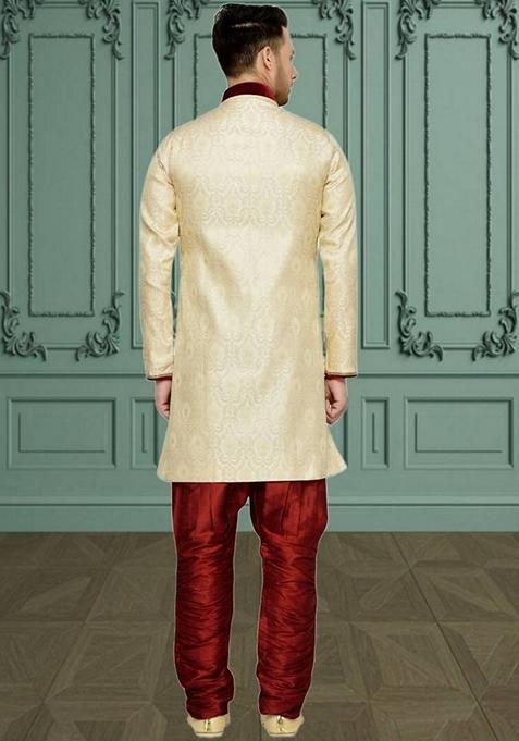 Fawn Orange Embroidered Brocade Silk Indo Western Sherwani Set For Men