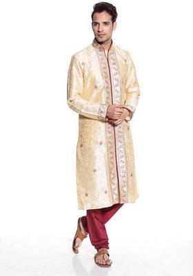 Fawn Orange Embroidered Art Silk Kurta Set For Men