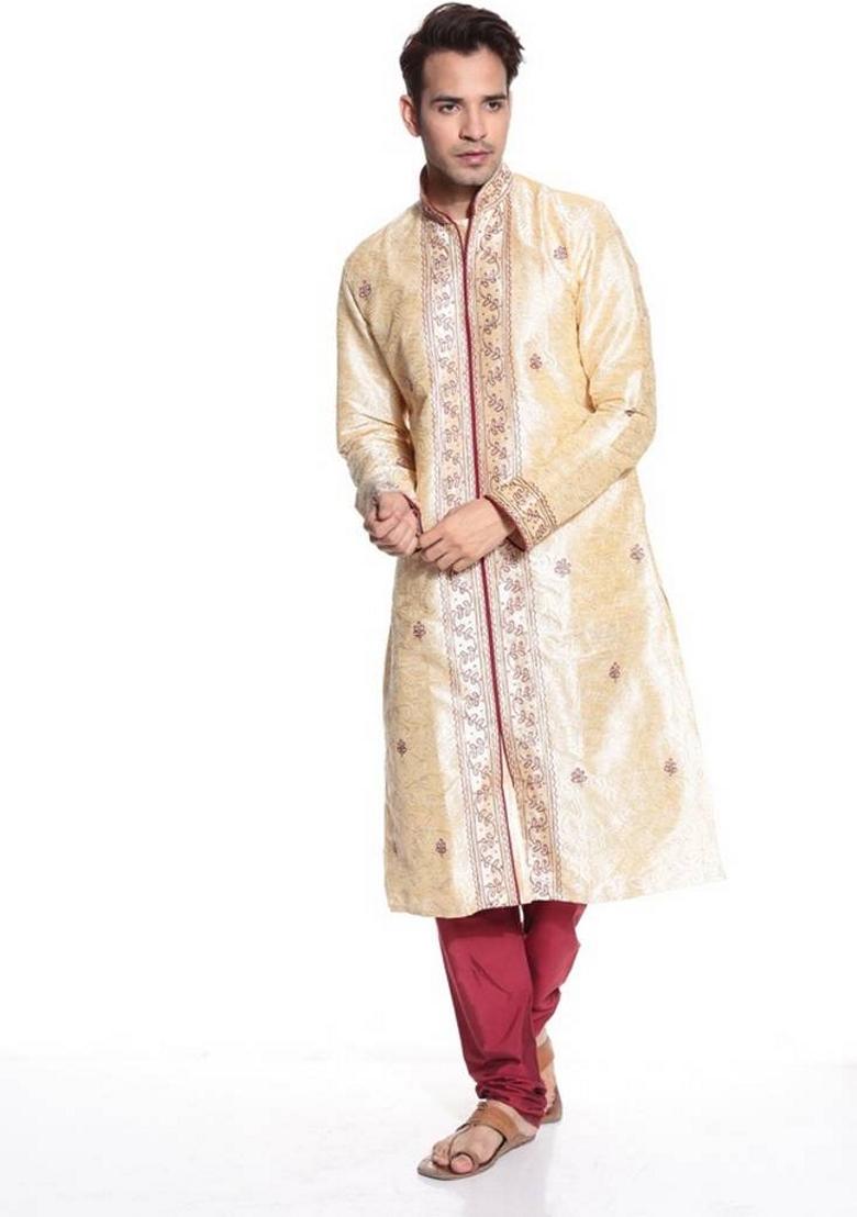 Fawn Orange Embroidered Art Silk Kurta Set For Men