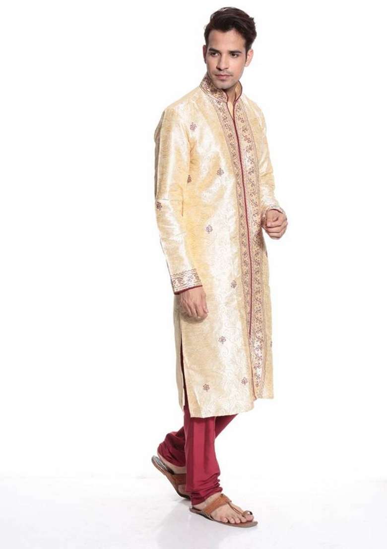 Fawn Orange Embroidered Art Silk Blend Kurta Set For Men - Indya