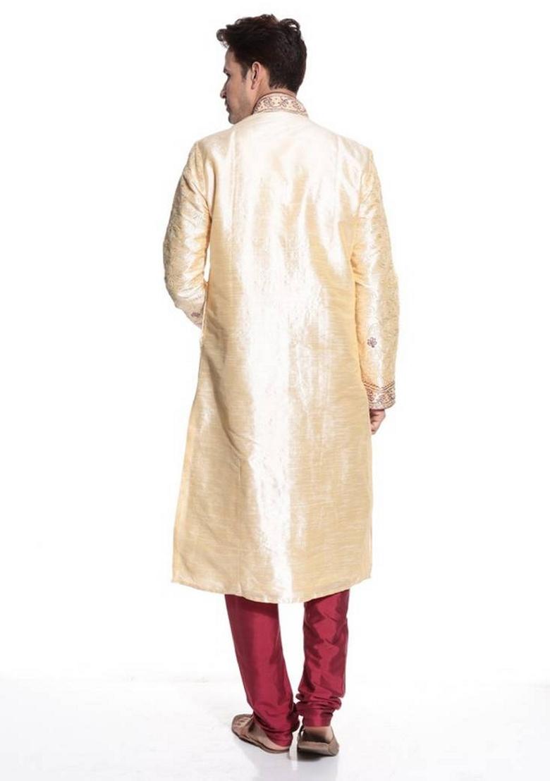 Fawn Orange Embroidered Art Silk Kurta Set For Men