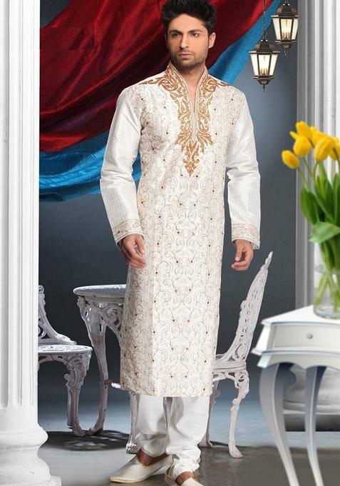 Cream Embroidered Art Silk Kurta Set For Men
