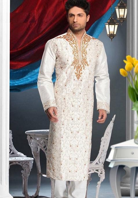 Cream Embroidered Art Silk Kurta Set For Men
