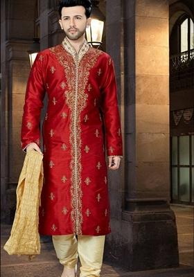 Red Embroidered Art Silk Indo Western Sherwani Set For Men