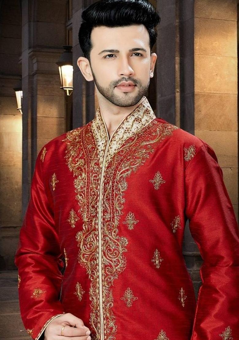 Red Embroidered Art Silk Indo Western Sherwani Set For Men