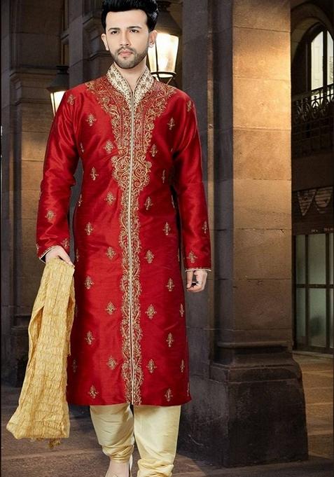 Red Embroidered Art Silk Indo Western Sherwani Set For Men — view on Indya