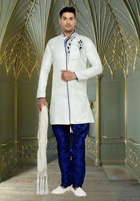 Cream Embroidered Brocade Silk Indo Western Sherwani Set For Men