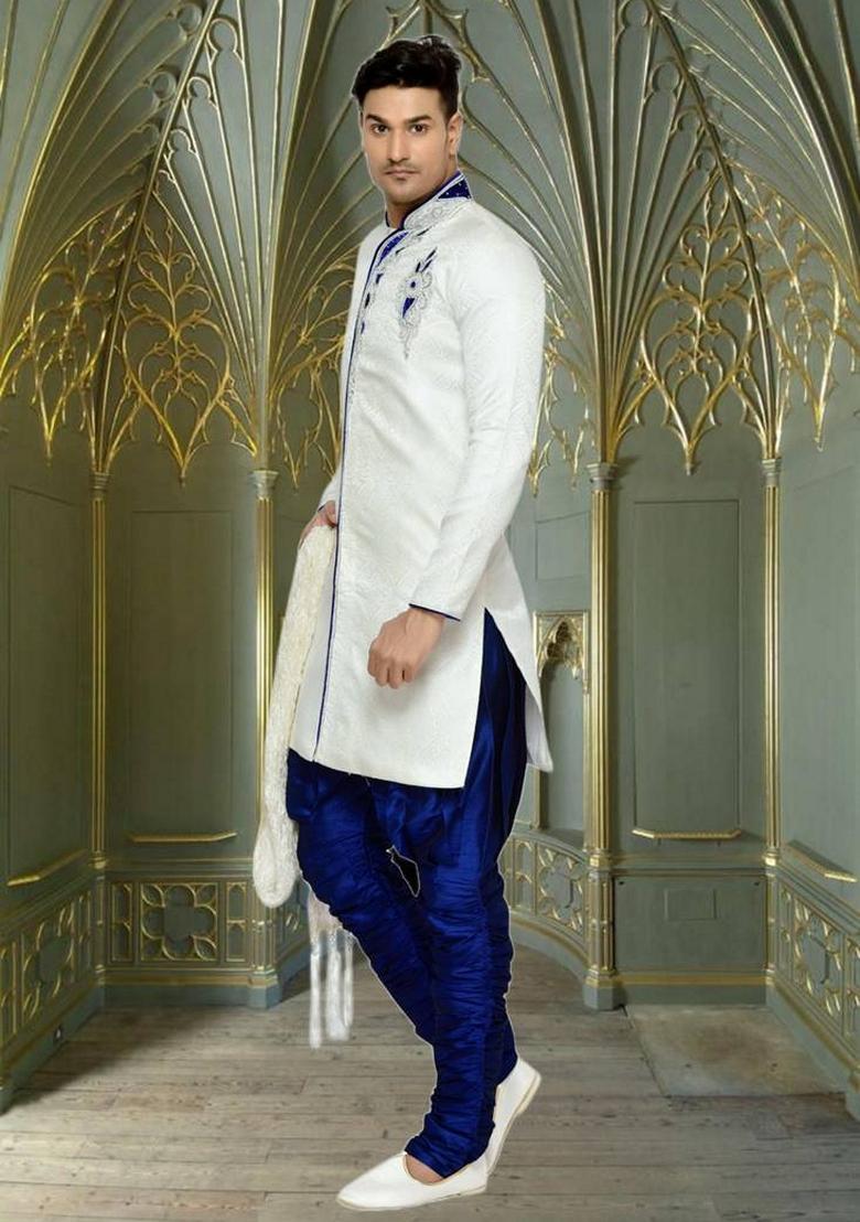 Cream Embroidered Brocade Silk Indo Western Sherwani Set For Men