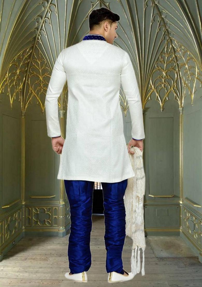 Cream Embroidered Brocade Silk Indo Western Sherwani Set For Men