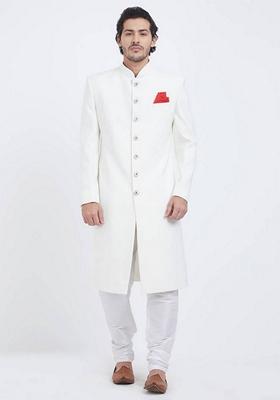 White Embroidered Art Silk Indo Western Sherwani Set For Men