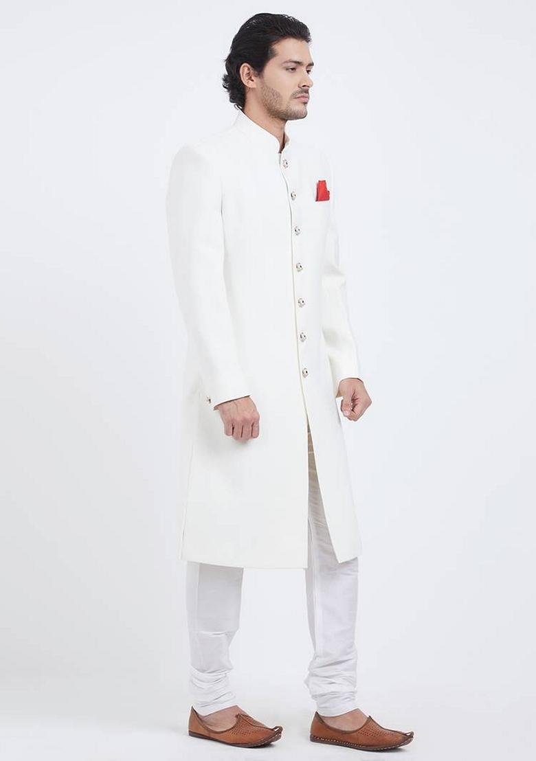 White Embroidered Art Silk Indo Western Sherwani Set For Men