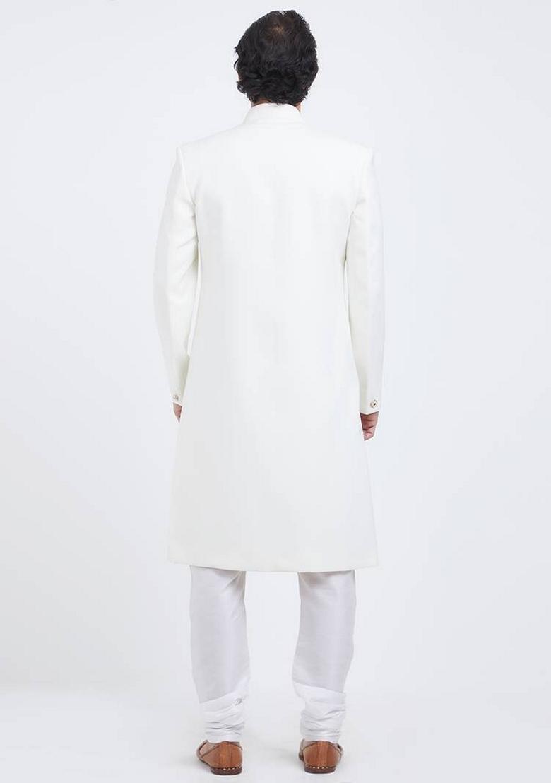 White Embroidered Art Silk Indo Western Sherwani Set For Men