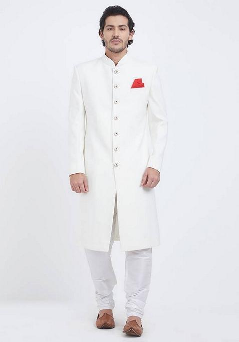White Embroidered Art Silk Indo Western Sherwani Set For Men