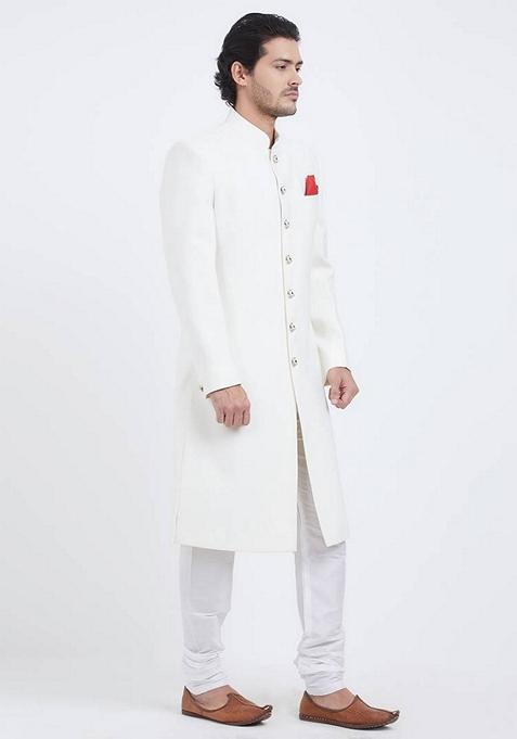 White Embroidered Art Silk Indo Western Sherwani Set For Men