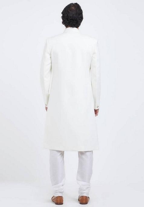 White Embroidered Art Silk Indo Western Sherwani Set For Men