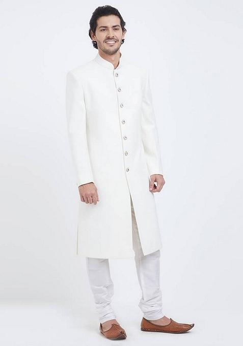 White Embroidered Art Silk Indo Western Sherwani Set For Men