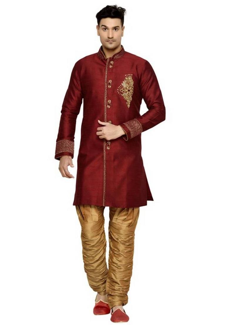 Maroon Embroidered Art Silk Indo Western Sherwani Set For Men