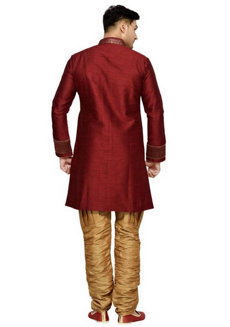 Maroon Embroidered Art Silk Indo Western Sherwani Set For Men