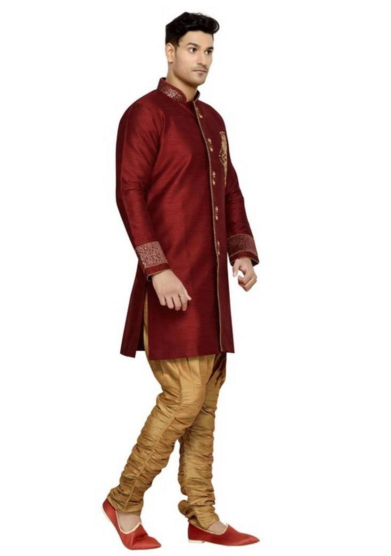 Maroon Embroidered Art Silk Indo Western Sherwani Set For Men