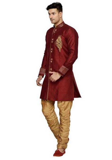 Maroon Embroidered Art Silk Indo Western Sherwani Set For Men
