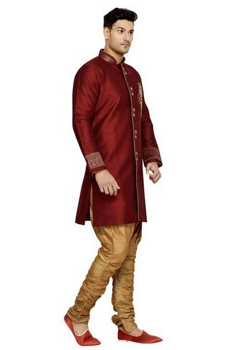 Maroon Embroidered Art Silk Indo Western Sherwani Set For Men