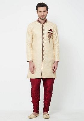 Fawn Orange Embroidered Brocade Silk Indo Western Sherwani Set For Men