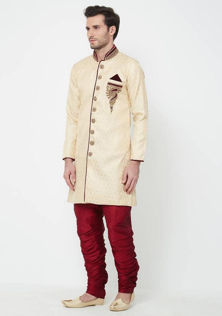 Fawn Orange Embroidered Brocade Silk Indo Western Sherwani Set For Men