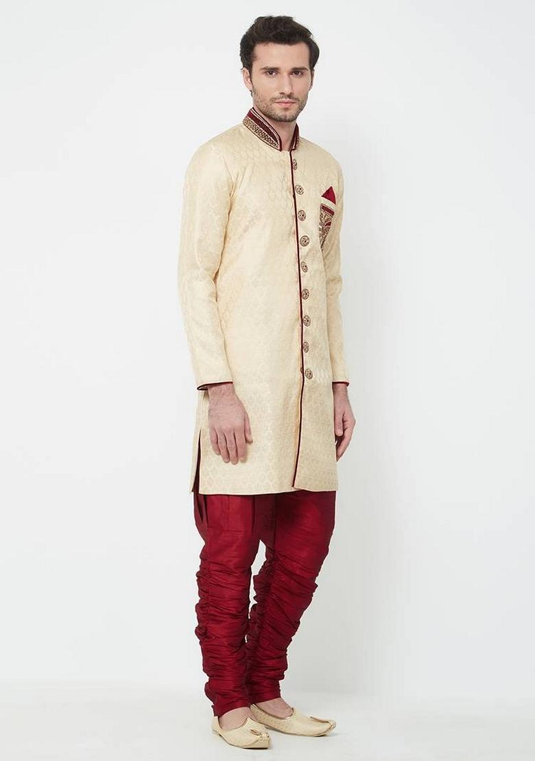 Fawn Orange Embroidered Brocade Silk Indo Western Sherwani Set For Men