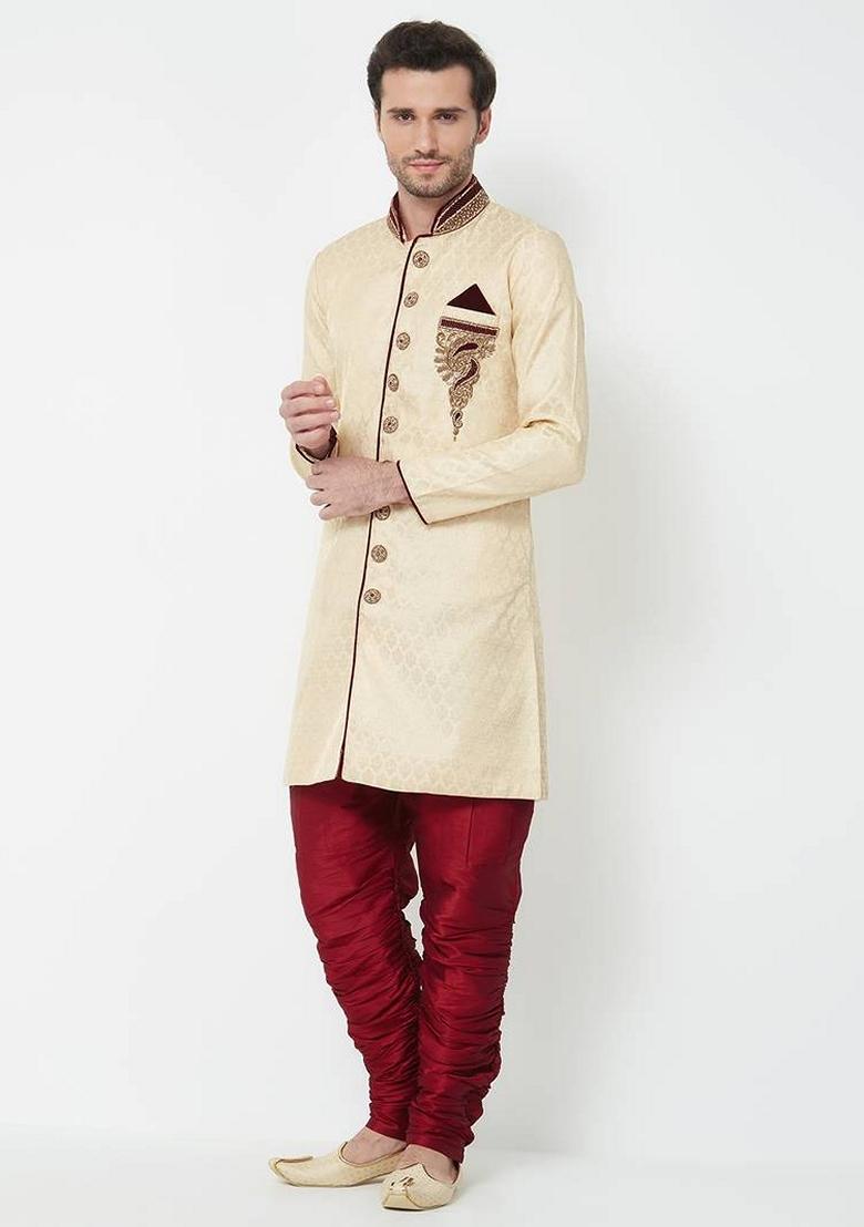 Fawn Orange Embroidered Brocade Silk Indo Western Sherwani Set For Men