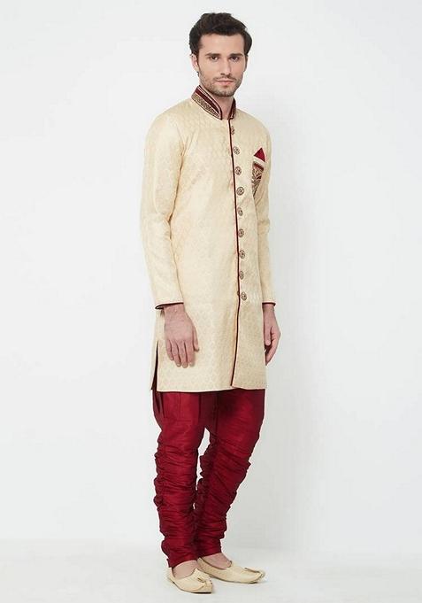 Fawn Orange Embroidered Brocade Silk Indo Western Sherwani Set For Men