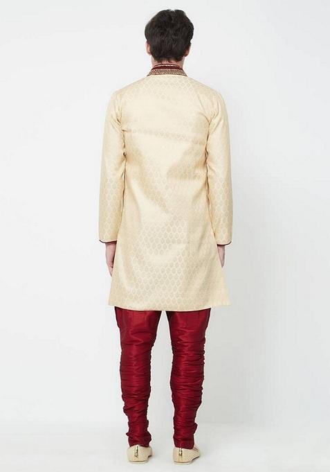 Fawn Orange Embroidered Brocade Silk Indo Western Sherwani Set For Men