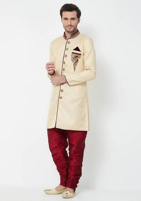 Fawn Orange Embroidered Brocade Silk Indo Western Sherwani Set For Men