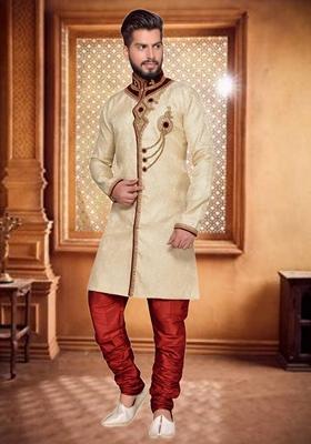 Fawn Orange Embroidered Brocade Silk Indo Western Sherwani Set For Men