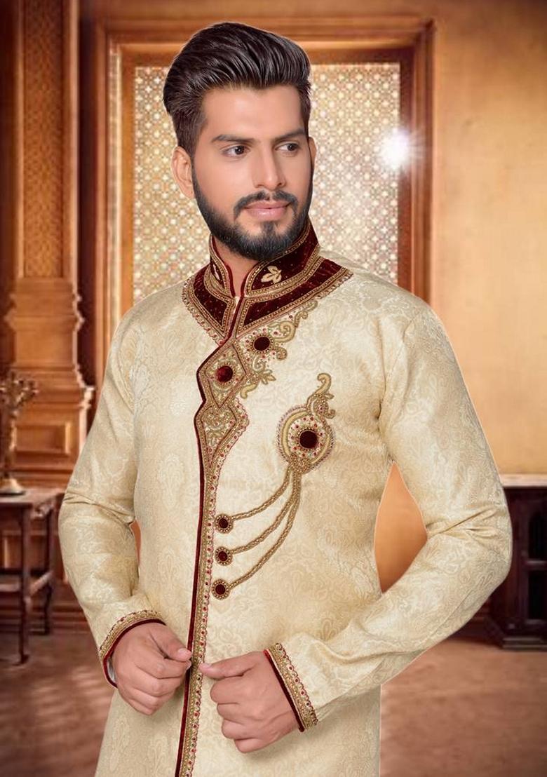 Fawn Orange Embroidered Brocade Silk Indo Western Sherwani Set For Men