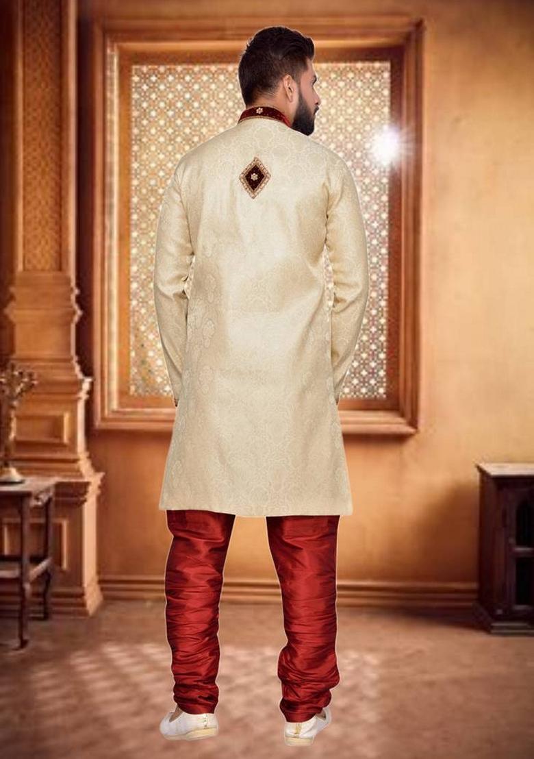 Fawn Orange Embroidered Brocade Silk Indo Western Sherwani Set For Men