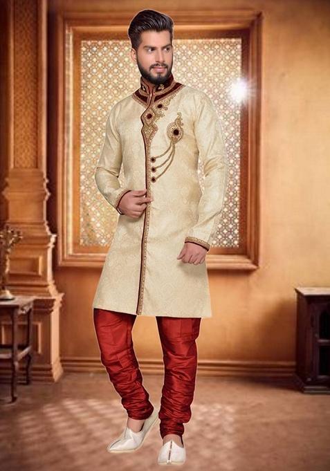 Fawn Orange Embroidered Brocade Silk Indo Western Sherwani Set For Men