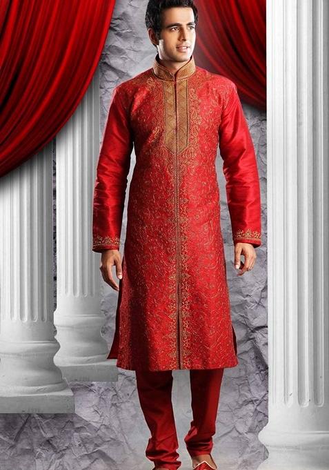 Fawn Orange Embroidered Brocade Silk Indo Western Sherwani Set For Men