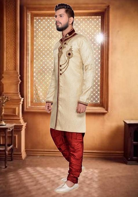 Fawn Orange Embroidered Brocade Silk Indo Western Sherwani Set For Men