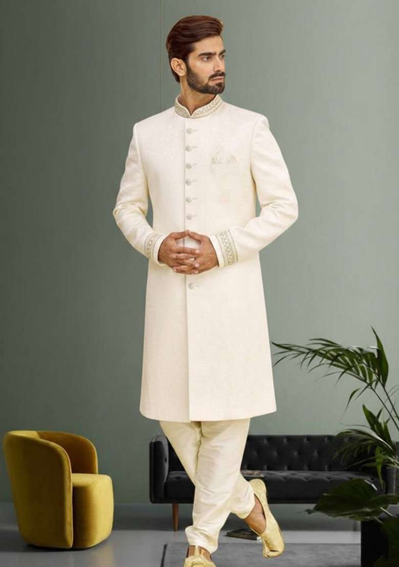 Cream Embroidered Art Silk Blend Indo Western Sherwani Set For Men - Indya