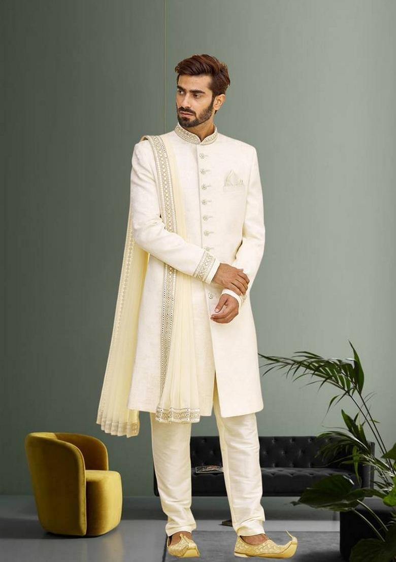 Cream Embroidered Art Silk Indo Western Sherwani Set For Men