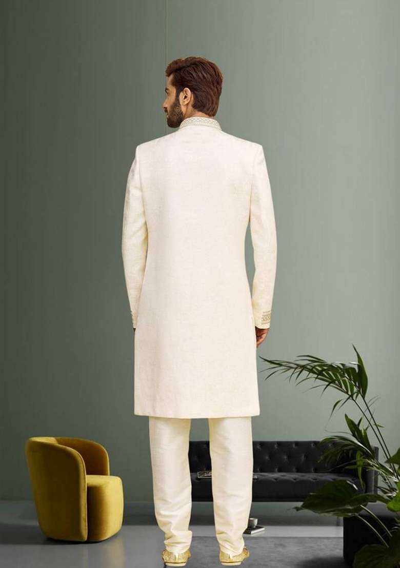 Cream Embroidered Art Silk Blend Indo Western Sherwani Set For Men - Indya