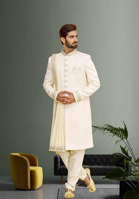 Cream Embroidered Art Silk Indo Western Sherwani Set For Men