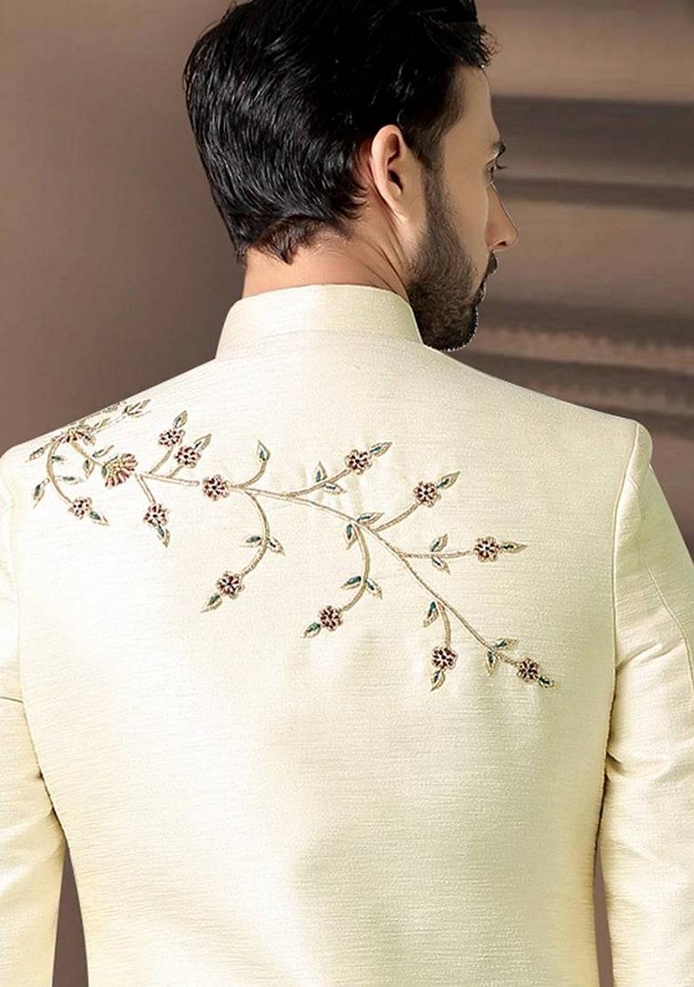 Fawn Orange Embroidered Art Silk Indo Western Sherwani Set For Men