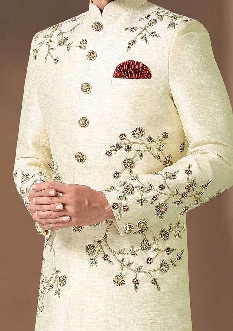 Fawn Orange Embroidered Art Silk Blend Indo Western Sherwani Set For Men - Indya