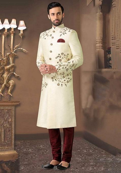 Fawn Orange Embroidered Art Silk Indo Western Sherwani Set For Men