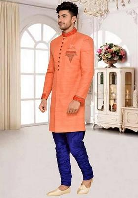 Orange Embroidered Art Silk Indo Western Sherwani Set For Men