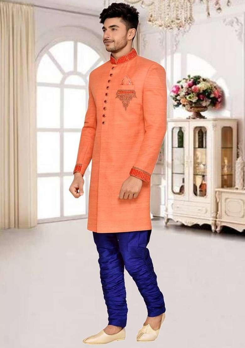 Orange Embroidered Art Silk Blend Indo Western Sherwani Set For Men - Indya