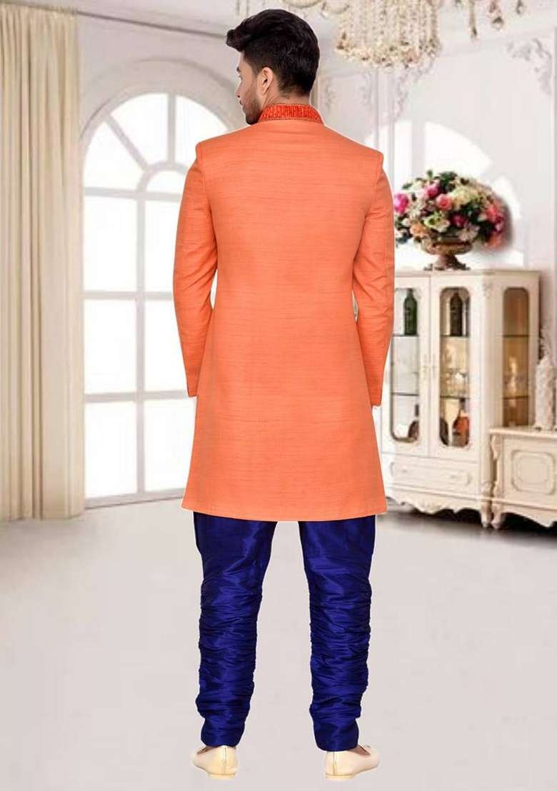 Orange Embroidered Art Silk Blend Indo Western Sherwani Set For Men - Indya